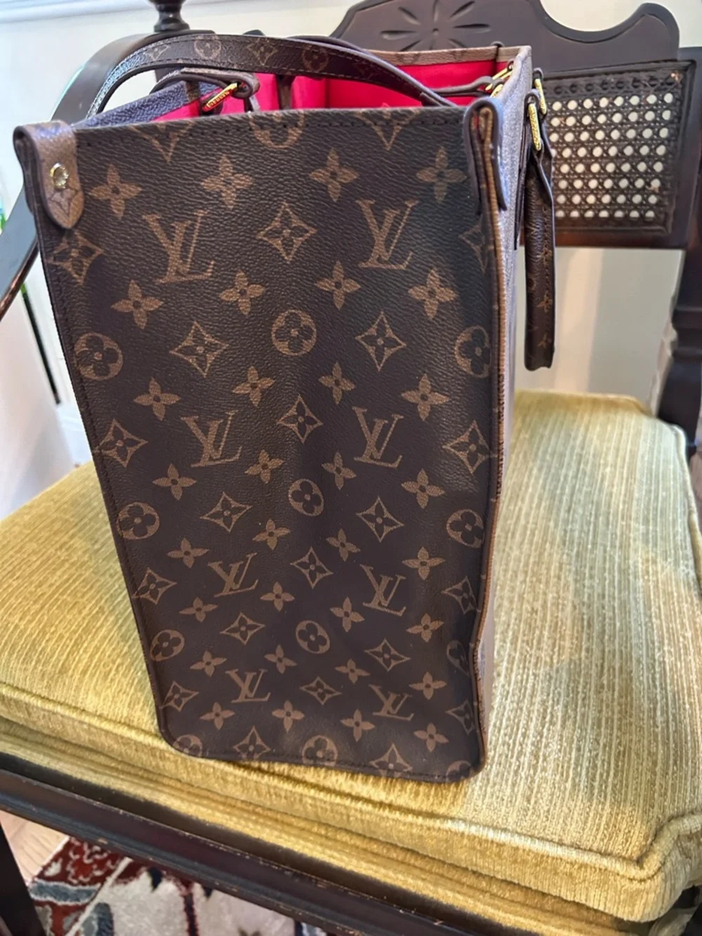 Monogram-Pattern Brown Tote with Red Interior - Picture 4 of 6